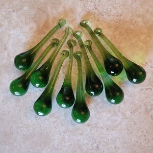 2 Sisters Artisan Glass Handmade Green Crystal Raindrop Ornaments 3" Set of 10
